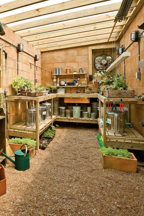 30+ Brilliant And Inspiring Storage Ideas For Your Potting Shed Garden Shed Plans Free, Tiny Garden Shed Ideas, Greenhouse Storage Ideas, Potting Shed Ideas, Potting Shed Interior Ideas, Garden Shed Interiors, Potting Benches, Storage Shed Organization, Outdoor Greenhouse