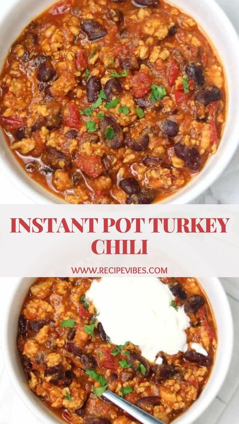 Looking for a quick and easy way to enjoy a delicious bowl of hearty chili? Try this Instant Pot Turkey Chili recipe! Packed with flavorful spices and tender chunks of ground turkey, this chili is the perfect comfort food for chilly nights. Full recipe on the website! Ground Turkey Chilli, Instant Pot Turkey Chili, Ground Turkey Chili Recipe, Turkey Chili Recipe Easy, Pressure Cooker Turkey, Pressure Cooker Chili, Turkey Chili Crockpot, Ground Turkey Chili, Instant Pot Turkey