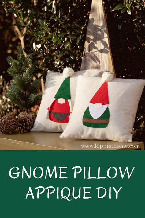 These gnome applique pillows are adorable all year, Easy and inexpensive  to make, Handmade pom poms, Girl gnome with pigtails, learn how with  free patterns. Easy Gnomes Diy, Gnome Pillows, Gnome Applique, Make Gnomes, Sewing Pillows Ideas, Scandinavian Ornaments, Gnome Pillow, Christmas Needlework, Gnome Craft