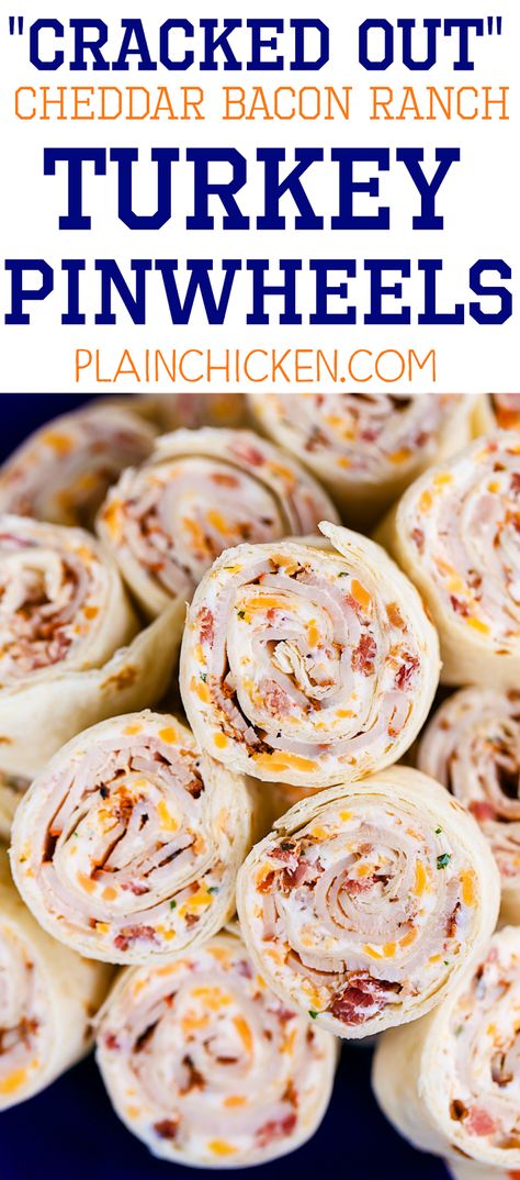 Cracked Out Turkey Pinwheels - I am ADDICTED to these sandwiches! Cream cheese, cheddar, bacon, Ranch and turkey wrapped in a tortilla. Can make ahead of time and refrigerate until ready to eat. Perfect for parties and tailgating!! Turkey Pinwheels, Football Friday, Cracked Out, Pinwheel Sandwiches, Pinwheel Appetizers, Cheese Cheddar, Pinwheel Recipes, Plain Chicken, Chicken Sandwiches