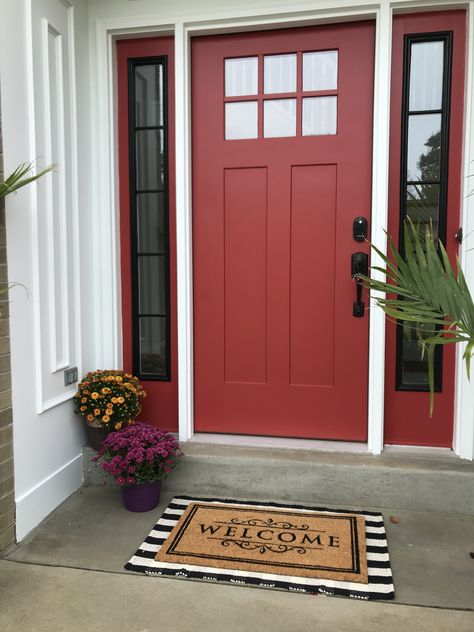 Red Entry Doors, Red Entrance Door, Red Doors On Houses, Layered Welcome Mat, Red Door Decor, Red Entry Door, Front Portico, House Facelift, Front Porch Seating