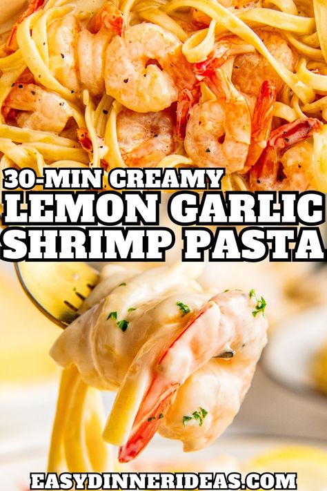 This velvety lemon garlic shrimp pasta recipe is a creamy 30-minute dinner for busy weeknights. The combination of buttery shrimp, zesty garlic, shallots and tender pasta coated in a lemon and parmesan cream sauce is simply heavenly! Pasta With Lemon Garlic Sauce, Creamy Lemon Shrimp Pasta, Shrimp Lemon Garlic Pasta, Lemon Butter Shrimp Pasta, Creamy Lemon Garlic Shrimp, Shrimp And Pasta Recipes, Lemon Pasta With Shrimp, Creamy Garlic Shrimp Pasta, Parmesan Shrimp Pasta