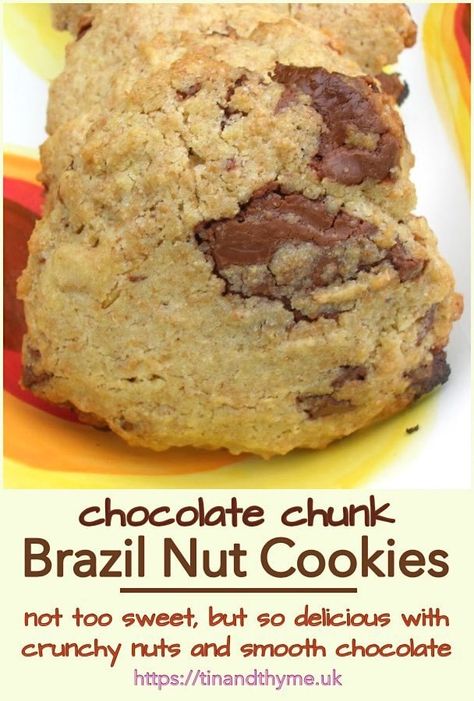 Chocolate Chunk Brazil Nut Cookies. Easy to make chocolate chip cookies, only these ones contain crunchy Brazil nuts too. Delicious and not too sweet. #TinandThyme #ChocolateChipCookies #ChocolateRecipe #BiscuitRecipe #BrazilNutRecipe Brazil Nut Cookies, Brazilian Nut Recipes, Brazil Nuts Recipes, Brazil Nut Recipes, Herbal Lifestyle, Sweety Pie, Brazilian Chocolate, Healthy Chocolate Pudding, Cookie Brownies