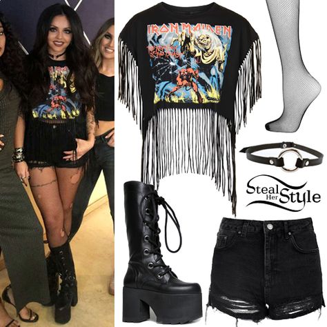 Iron Maiden Concert Outfit, Forest Platform, Shorts With Fishnets Outfits, Cut Shirt Designs, Cochella Outfits, Little Mix Outfits, Diy Cut Shirts, Look Festival, Steal Her Style