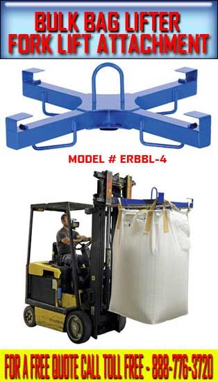 Bulk Bag Lifter Fork-Truck Attachment For Sale. Bulk Bag Lifter Fork-Truck Attachment For Sale FOR A FREE QUOTE CALL 888-776-3720  Fork Mounted Bag Lifter  The bag lifter is perfect for commercial and manufacturing settings. The bulk bag lifter forklift attachment is constructed of powder coated steel for long life and added strength. The bag lifter can be used with the center mounted hook point for balanced lifting capabilities with an overhead hoist or with a forklift. Fork Lift, Trucks With Lift Kits, Homemade Forklift, Container Van, Any Level Lift Truck, Forklift Certified, Crane Lift, Pallet Jack, Tractor Idea