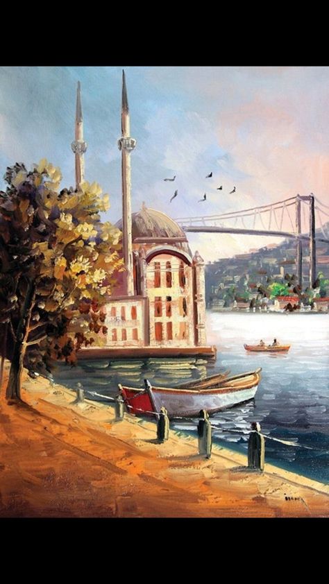 Turkey Art, Oil Painting Pictures, Mosque Art, Islamic Paintings, Turkish Art, Nature Art Painting, Art Inspiration Painting, Beautiful Places In The World, Architecture Sketch