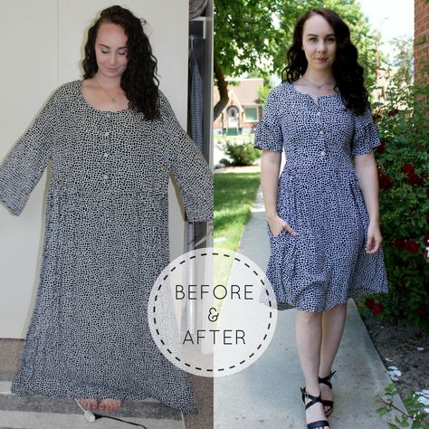 Learn the how-to's for transforming an oversized dress (in this case XXXL) into a perfect fit for YOU! I'll cover the process for resizing -- including the 5 biggest areas for fit issues. Blouse Refashion, Diy Baby Leggings, Clothes Upcycle, Diy Clothes Hacks, White Print Dress, Dress Alterations, Shirt Refashion, Altering Clothes, Oversized Dress