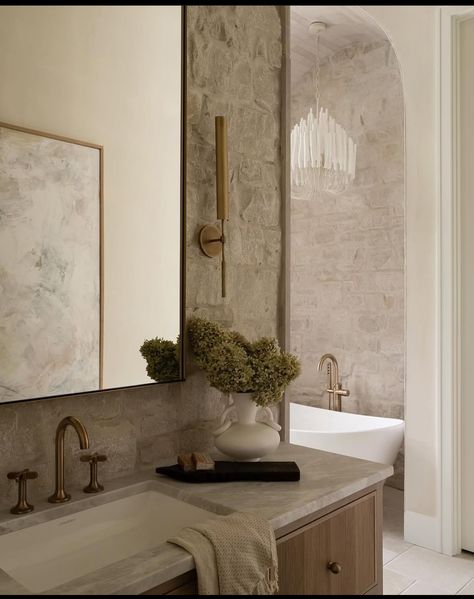 Like Wash Bathroom, Stone Wall Bathroom, Italian Style Bathroom, Fireplace Bathroom, Spa Inspired Bathroom, Moore House, Powder Room Decor, Stone Bathroom, Mediterranean Design