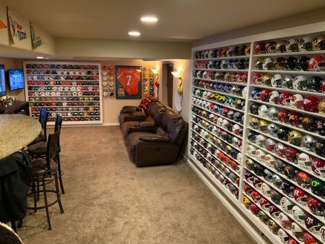 Man Cave, Mini Helmet Collection Man Cave Shelf, Room Renovation, Book Shelves, Basement Ideas, Game Room, Man Cave, Bookshelves, Basement, Shelves