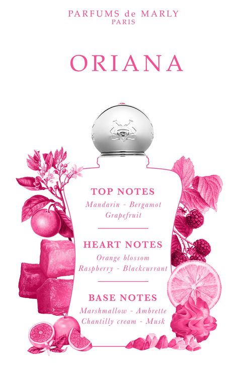 What it is: A delicate and airy fragrance from Parfums de Marly.Fragrance story: A cloud of joy. A delicate and airy fragrance like a muslin dress. Nastioligic pleasure. A new elixir. A new, addictive world of indulgence. A mille-feuille of sweetness and crunchiness, softness and sensuality, energy and light. Oriana is unique and irresistible. Style: Fruity, floral, gourmand.Notes:- Top: mandarin, bergamot, grapefruit- Middle: orange blossom, blackcurrant, raspberry- Base: marshmallow, ambrette, Chantilly cream, musk Made in France Oriana Parfums De Marly, Oriana Parfums, Orange Blossom Perfume, Citrus Perfume, Perfume Recipes, Chantilly Cream, Muslin Dress, Fragrances Perfume Woman, Perfume Collection Fragrance