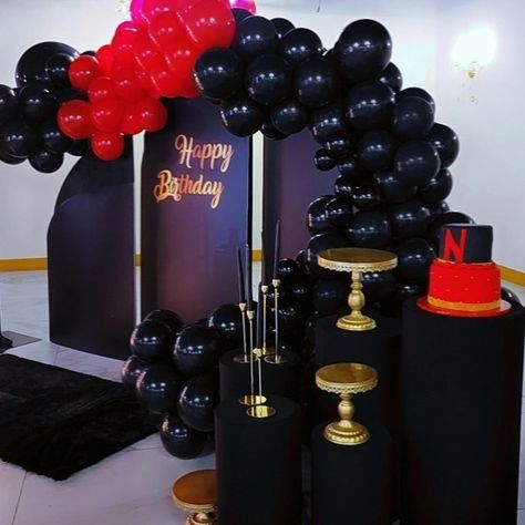 Red And Black Mens Birthday Party, 50th Birthday Red And Black, Red And Black 21st Birthday Party, Red And Black 30th Birthday Party, Birthday Decorations Red And Black Party Ideas, Red And Black Bday Decorations, Red Black Gold Birthday Party Decoration, Black And Red Party Theme For Men, Black Silver And Red Party