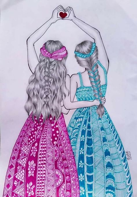 Kashuuu Two Friends Mandala Art, Easy Drawings Color, Sketchpen Drawings Ideas, Drawing On My Hand, Art Drawings Easy, Sketches Cute, Drawing On Hand, Hand Couple, Sisters Drawing