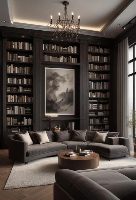 21 Elegant Built-In Shelves Ideas for the Living Room 13 Library Living Room Aesthetic, Book Storage Living Room, Living Room With Bookshelf, Cozy Library Room Ideas, Basement Library, Moody Basement, Room Full Of Books, Bookshelf Styling Living Room, Bookshelf Designs