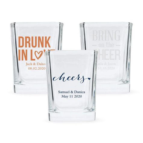 PRICES MAY VARY. Dimensions of 1 shot glass: 1.85" (L) x 1.85" (W) x 2.5" (H) Holds 2oz Hand wash only Printed with colored ink All glassware is carefully hand blown and may produce unique characteristics from piece to piece Dress up your reception table décor with these cute, personalized square shot glass favors. A classic 2 oz. shot glass in a unique square shape, they will add a dynamic look to your place settings and be fancy but inexpensive giveaways for your guests to take home! Custom pr Mason Jar Shot Glasses, Shot Glass Favors, Wedding Cheers, Pop Fizz Clink, Mini Mason Jars, Reception Table Decorations, Glass Wedding, The Wedding Date, Personalized Wedding Favors