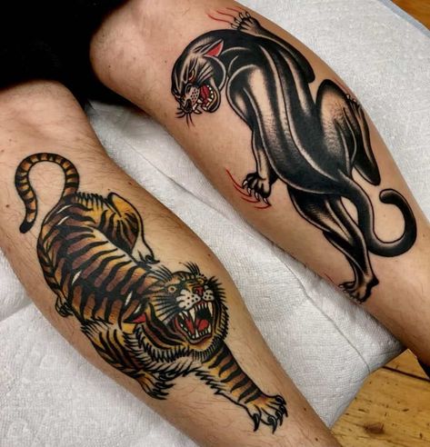 Meanings Of Animals, Traditional Tiger Tattoo, Traditional Panther Tattoo, Sailor Jerry Tattoo, Jerry Tattoo, American Traditional Tattoo Ideas, Traditional Tattoo Ideas, Sailor Jerry Tattoos, Panda Tattoo