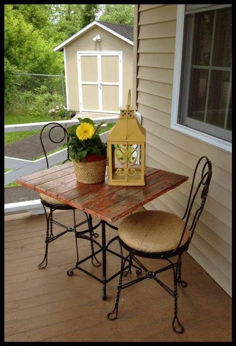 Burlap Bistro Set by FunCycled www.funcycled.com Porch Bistro Set Decor, Bistro Set Front Porch, Front Porch Bistro Set Decor, Front Porch Bistro Set Ideas, Patio Bistro Set Ideas, Bistro Set Makeover, Room With No Windows, Bistro Set Outdoor, Bistro Table And Chairs