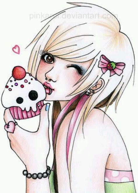 Cupcake girl! Emo Cartoons, Queen Painting, Scene Kid Art, Fete Emo, Fallen Angel Art, Emo Pictures, Scene Queen, Cupcake Drawing, Emo Art