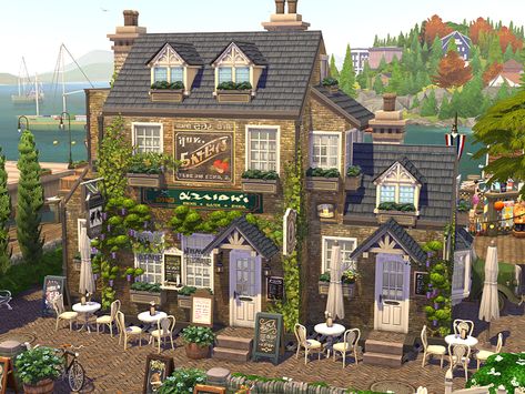 Community Lot Sims 4, Sims Brindleton Bay, Sims Cafe Ideas, Sims Exterior Cc, Sims 4 Terrain Cc, Sims 4 Cafe Ideas, Sims 4 Bakery Build, Sims 4 Cafe Build, Cute Cafe Exterior