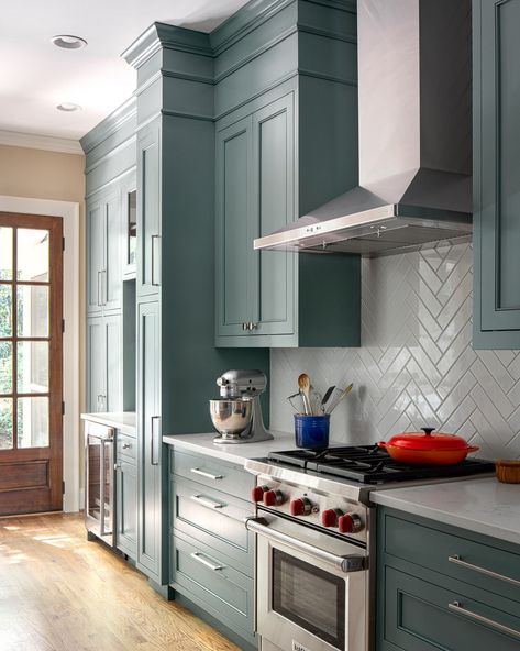 Sherwin Williams Underseas, Kitchen Cabinets White, Transitional Kitchen Design, Off White Kitchens, Above Kitchen Cabinets, Built In Refrigerator, White Backsplash, Design Remodel, Decoration Kitchen