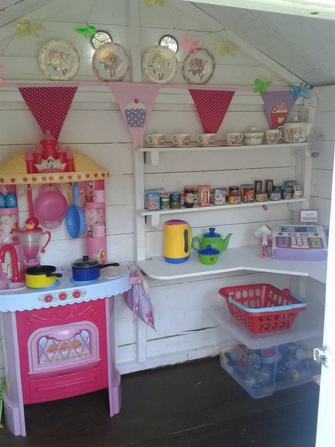 Playhouse Shop Ideas, Painted Wooden Playhouse, Wooden Playhouse Makeover Interior, Inside Wendy House Ideas, Playhouse Inside Ideas, Garden Playhouse Interior, Wendy House Ideas Interior, Playhouse Makeover Inside, Wooden Playhouse Paint Ideas