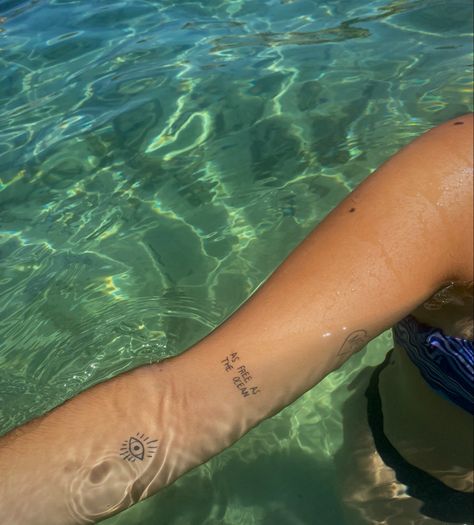 #mallorca #tattoo #aesthetic Tattoos Of Ocean, Dainty Tattoos Beach, Tattoos About The Ocean, Lost At Sea Tattoo, Ocean Tattoo Aesthetic, Ocean Vibe Tattoos, Ocean Word Tattoo, Surf Tattoos For Women, Beach Boys Tattoo