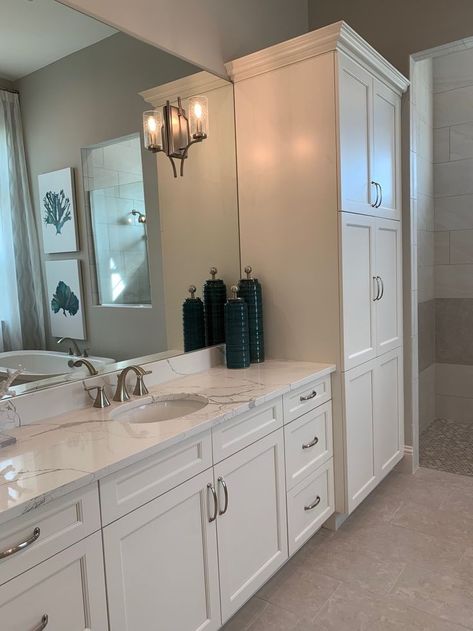 Bathroom Cabinets For Towels, Shaker Linen Cabinet, Double Vanity With Linen Cabinet, Built In Vanity In Bathroom, Vanity With Linen Cabinet, Regular Bathroom, Vanity In Bathroom, Small Bathroom Styles, Bathroom Cabinet Storage