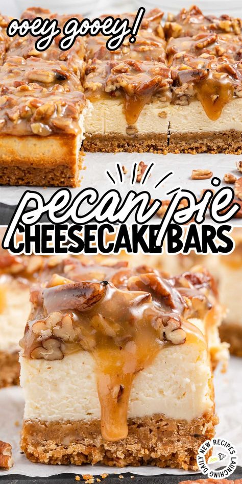 Pecan pie cheesecake bars are a delicious combination of a crunchy graham cracker crust, creamy cheesecake filling, and gooey pecan pie topping. Pecan Pie Cheesecake Bars Recipe, Butter Pecan Cheesecake Recipe, Pecan Pie Topping, Pecan Cheesecake Recipes, Gooey Pecan Pie, Butter Pecan Cheesecake, Pecan Pie Cheesecake Bars, Pecan Cheesecake Bars, Pecan Pie Cheesecake Recipe