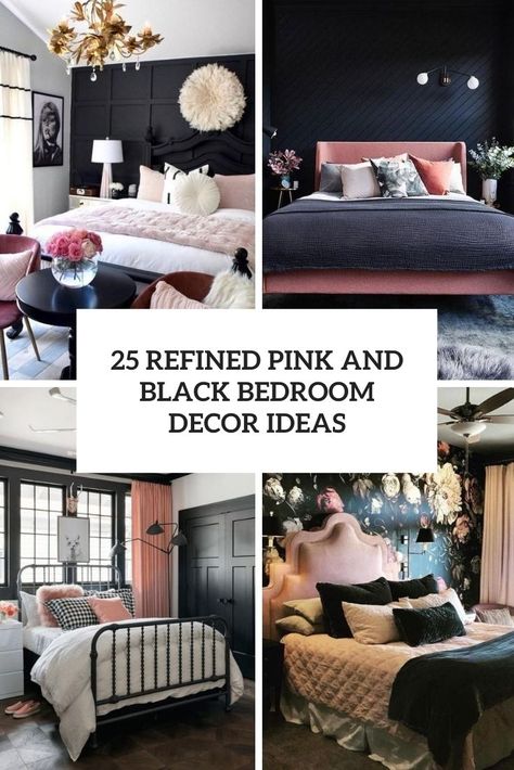 refined pink and black bedroom decor ideas cover Pink Black Bedroom Decor, Black And White Bedroom With Pink Accent, Black White Pink Bedroom Ideas, Rose And Black Bedroom, Pink Cream And Black Bedroom, Black And Blush Bedroom Ideas, Pink Gold Black Home Decor, Black Gray Pink Bedroom, Black And Pink Teenage Bedroom