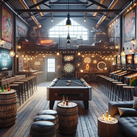 Unwind in this industrial-themed loft complete with vintage games, custom-built bar, and comfy couch for ultimate relaxation. Enjoy a chilled beer amid glowing neon signs, iconic posters, and live jam sessions with the sleek electric guitar. #Mancave #LoftStyle #IndustrialDecor #VintageGames #CustomBar #JamSessions Industrial Games Room, Restaurant With Games, Industrial Sports Bar, Billards Room, Game Loft, Chill Bar, Game Bar, Iconic Posters, Game Room Ideas