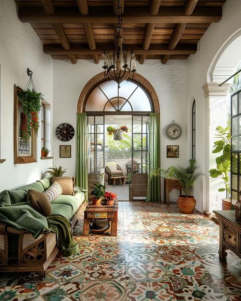 Mediterranean Retro Interior, Andalucian House Interior, Spanish Inspired Living Room, Italian Farmhouse Living Room, Corfu House, Mediterranean Homes Interior, Urban Living Room Design, Kampung House, Spanish Style Living Room