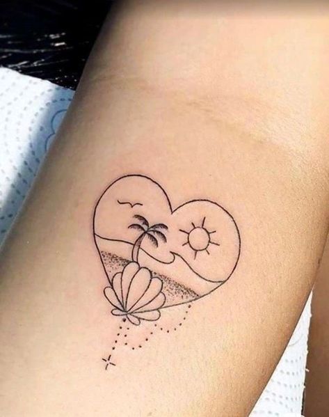 Fine Line Tattoo Designs, Line Tattoo Designs, Beach Inspired Tattoos, Small Beach Tattoos, Beach Tattoo Ideas, Beachy Tattoos, Fingerprint Tattoos, Beach Tattoos, Palm Tattoos