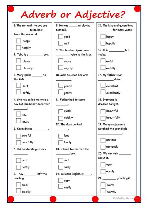 Adjective And Adverb, Adverbs Worksheet, English Grammar Exercises, English Adjectives, Grammar Quiz, Grammar Exercises, English Exercises, Teaching English Grammar, English Grammar Worksheets