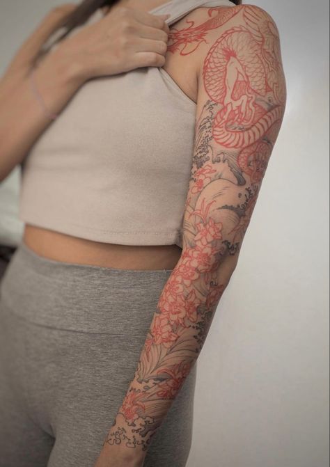 Aesthetic Asian Tattoo, Woman Japanese Tattoo Sleeve, Traditional Chinese Tattoo Sleeve, Japanese Inspired Tattoos Sleeve, Red And White Tattoos For Women, Asian Forearm Tattoos For Women, Black And Red Tattoo Sleeve For Women, Sleeve Tattoos For Women Asian, Red Ink Sleeve Tattoos For Women