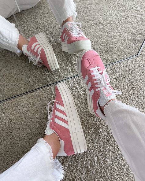 Pink sneakers reflecting in a mirror Women’s Adidas Outfits, Adidas Gazelle Bold Pink Outfit, Adidas Bold Gazelle, Bold Gazelle, Pink Gazelle Adidas Outfit, Adidas Gazelle Bold Outfit, Gazelle Bold Outfit, Adidas Gazelle Bold Pink, Gazelle Bold Shoes