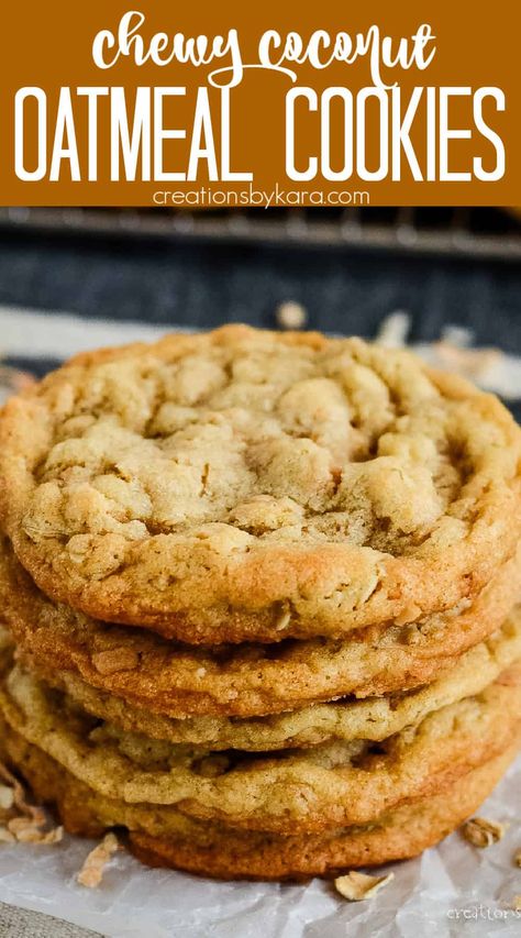 These chewy OATMEAL COCONUT COOKIES are simple, but simply addicting! Toasted coconut and coconut extract give them the best flavor. #coconutoatmealcookies #chewyoatmealcookies @Creations by Kara Toasted Coconut Cookies, Unsweetened Coconut Recipes, Coconut Oatmeal Cookies Recipes, Coconut Cookie Recipe, Coconut Oatmeal Cookies, Toffee Cookie Recipe, Cookies With Coconut, Coconut Cookie, Homemade Oreos