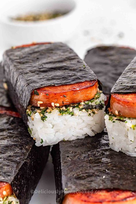 Spam Musubi recipe Spam Teriyaki Recipe, Spam Japanese Recipes, Musubi Rice Recipe, Spam Mitsubishi, Spam Nigiri, Spam Musubi Recipe Easy, Spam Recipes Breakfast, Ikura Recipe, Japanese Party Food