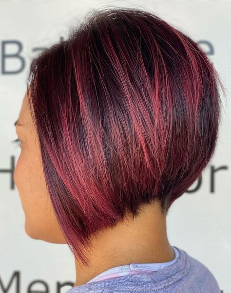 Chin Length Stacked Bob with Hidden Undercut Chin Length Stacked Bob, Hidden Undercut, Amazing Hair Color, Haircut Design, Medium Haircut, Undercut Hairstyles Women, Undercut Bob, Red Bob, Angled Bob Hairstyles