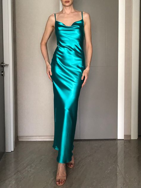 Turquoise Outfits For Women, Turquoise Dress Formal, Teal Satin Dress, Aquamarine Dress, Turquoise Clothes, Silk Bridesmaid Dresses, Date Dress, Custom Made Dress, Satin Dress Long