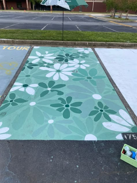 Plant Parking Spot Painting, Green Parking Spot Painting, School Brick Painting Ideas, Senior Parking Spaces Aesthetic, High School Senior Parking Spot Ideas, Senior Sidewalk Painting, Senior Parking Spaces Cute, Green Senior Parking Spot, Strawberry Parking Spot