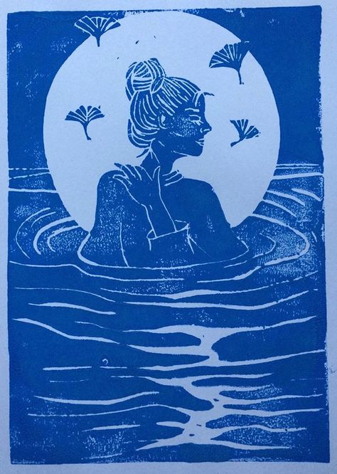 linocut - celine keith nielsen #woman #linocut #water #drawing #ink #paint #handcraft #blue #diy #wood #moon #ginkoleaf #mermaid Water Printmaking, Water Block Print, Lino Print Woman, Linocut Water, Woman Linocut, Water Linocut, Woman In Water Drawing, Relief Printmaking, Lino Art