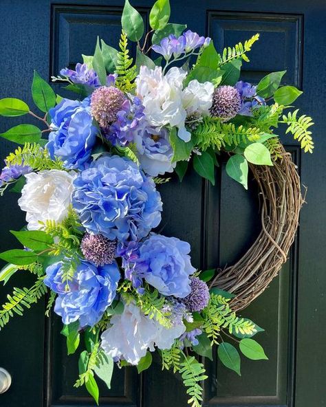 Blue Flower Wreath, Peony Wreath, Wreaths For Sale, Whimsical Wreaths, Summer Door Wreaths, Christmas In July Sale, Peonies Wreath, Blue Wreath, Hydrangea Wreath