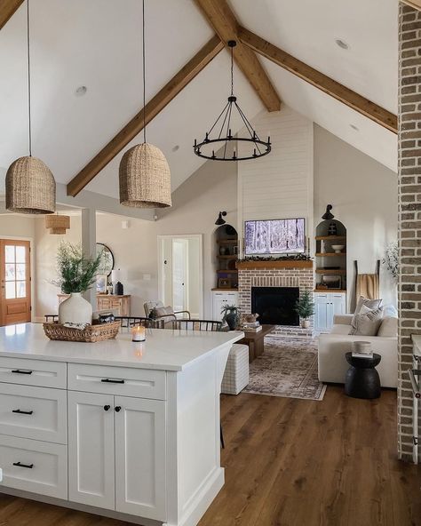 https://www.instagram.com/p/CZOd5EDBthW/?utm_medium=share_sheet Vaulted Ceiling Ideas, Vaulted Ceiling Lighting, Vaulted Ceiling Living Room, Modern Wood Coffee Table, Paint Cabinets White, Brick Columns, Wood Dining Room Table, White Shiplap Wall, Open Concept Living Room