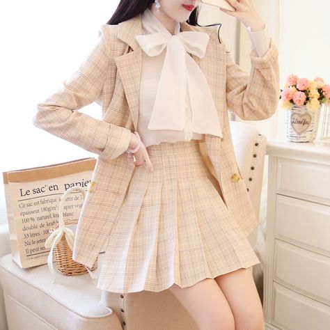 Petit Lace Set: Tie-Neck Chiffon Blouse + Plaid Blazer + Pleated Skirt / Plaid Blazer + Skirt / Chiffon Blouse | YesStyle Plaid Pleated Mini Skirt, Academia Outfits, Skirts White, Skirt Suits, Bow Shirt, Kawaii Fashion Outfits, Trim Jacket, Cute Preppy Outfits, Korean Girl Fashion