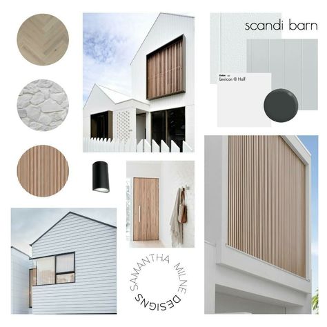 Nordic Exterior Design, Scandi Facade, White And Timber House Exterior, Exterior Facade Materials, Minimal Interior Design Moodboard, Scandi Exterior House Design, Exterior Moodboard Architecture, Exterior Mood Board Home, Modern Scandi House Exterior