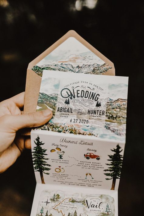 Outdoorsy Style Wedding, Cool Wedding Save The Date, Mountain Wedding Palette, Colorado Wedding Invitations, Wedding Invitations Outdoor, Spring Mountain Wedding Ideas, Vintage Mountain Wedding, Retro Mountain Wedding, Outdoorsy Wedding Theme