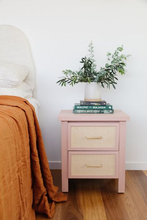 Upcycle Bedside Table, Bedside Tables Diy, Pink Bedside Tables, Painted Bedside Tables, Table Flip, Timber Beds, Lime Wash, Bedside Furniture, Upcycle Decor