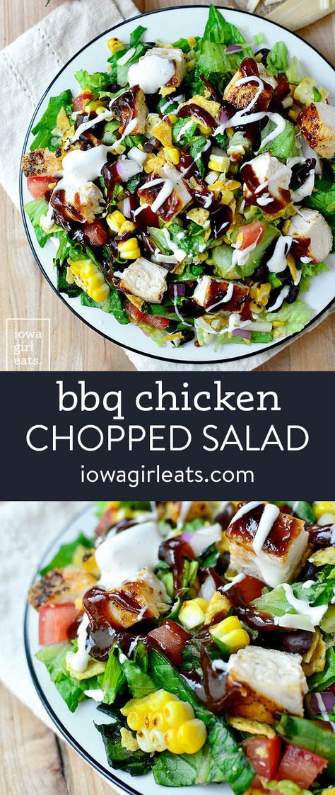 BBQ Chicken Chopped Salad - Iowa Girl Eats Chicken Salad Dinner Ideas, Bbq Salad Recipes, Dinner Salad Ideas, Salad With Meat, Bbq Chicken Chopped Salad, Bbq Salad, Veggie Salads, Chopped Salads, Chicken Recipes Easy