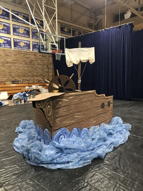 Sea Stage Design, Vbs Boat Prop, Pirate Ship Theatre Set, Boat Stage Prop, Diy Cruise Ship Prop, Boat Stage Design, Pirate Ship Set Design, Little Mermaid Jr Set Design, Pirate Ship Aesthetic