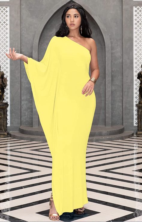 One Arm Dress Classy, Evening Wedding Outfit, Rich Auntie Vibes, Flowy Dress Formal, Auntie Vibes, Rich Auntie, Long Flowy Dress, Daffodil Yellow, Formal Maxi Dress