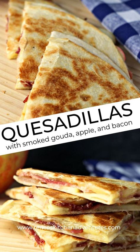 Two photos of quesdillas cut and ready to eat. Gouda Cheese Recipes, Gouda Recipe, Cheese Apples, Easy Mexican Dishes, Easy Quesadilla, Quesadilla Recipes Easy, Smoked Gouda Cheese, Quesadilla Recipe, Gouda Cheese